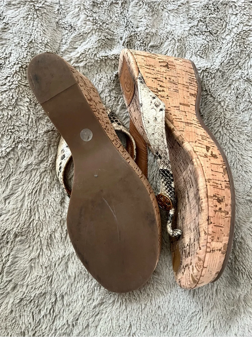 Tory Burch Suzy Cork Leather Thong Sandals with Snake-Print Straps and Gold Logo